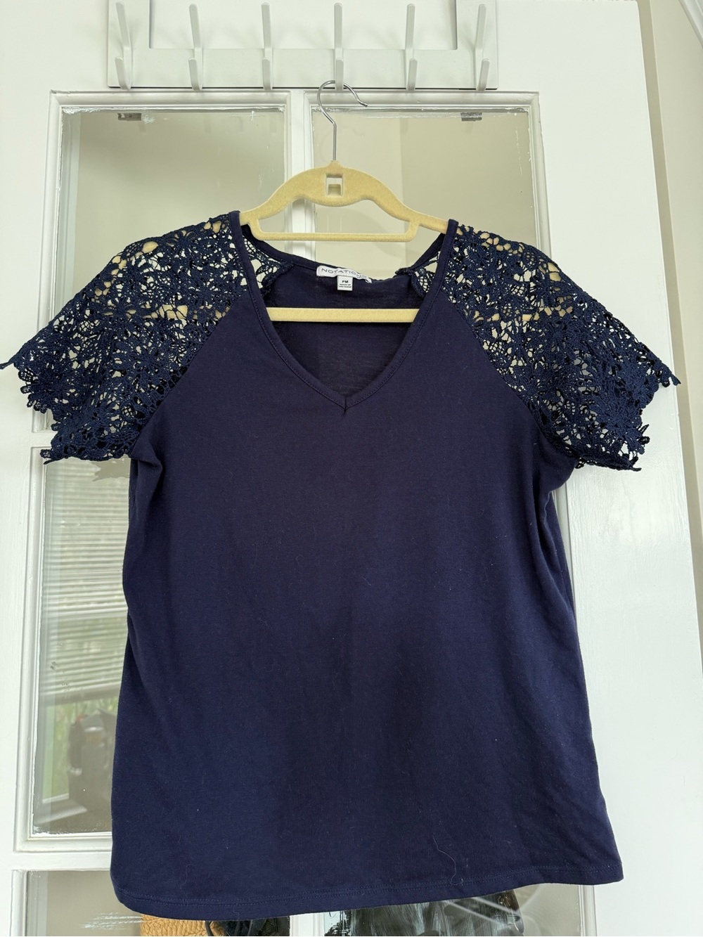 Notations Navy V-Neck Top with Crochet Lace Sleeves